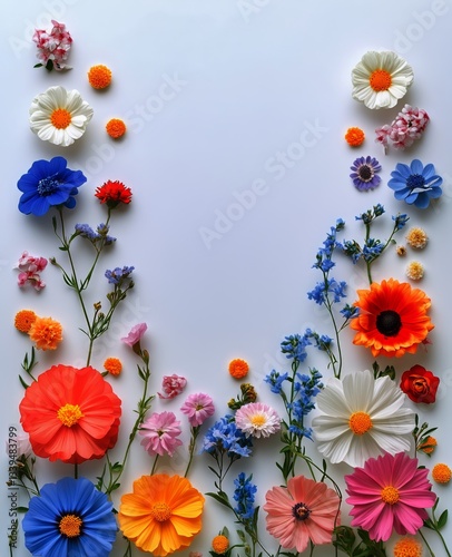Colorful Collection of Garden Flowers Creates a Frame on a White Surface