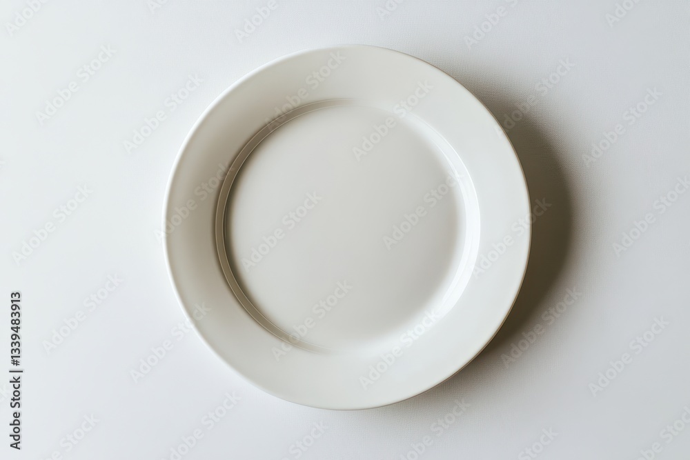 A simple overhead picture depicting a white circular dinner plate A simple overhead picture depicting a white circular dinner plate