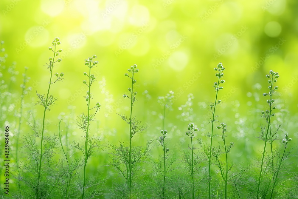 Obraz premium A minimalistic stock photo of blooming fennel plants with seeds against a soft green background
