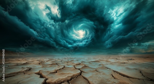 Dramatic Swirling Storm Clouds Gather Over Cracked Earth in a Barren Landscape