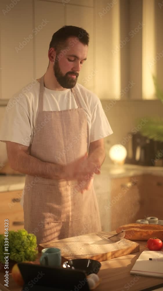 A slow-motion shot of a bearded man in an apron clapping his hands to remove excess flour while baking in a cozy kitchen. The golden sunlight enhances the floating flour particles. Vertical frame A slow-motion shot of a bearded man in an apron clapping his hands to remove excess flour while baking in a cozy kitchen. The golden sunlight enhances the floating flour particles. Vertical frame