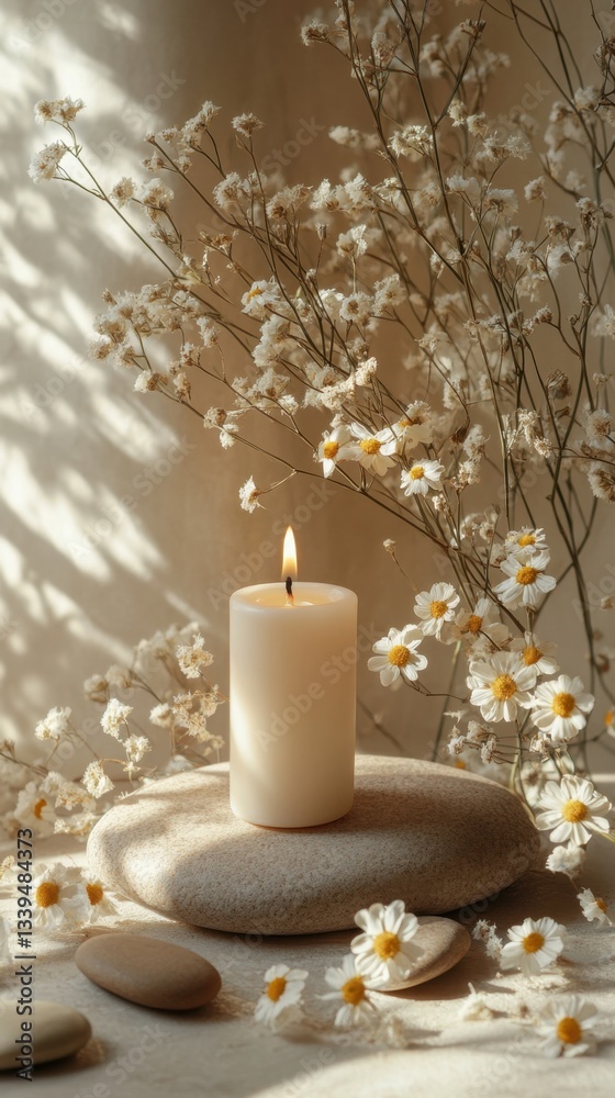 Serene candle flame on stone with daisies and soft light casting shadows creating a calming spa atmosphere and neutral color palette Serene candle flame on stone with daisies and soft light casting shadows creating a calming spa atmosphere and neutral color palette
