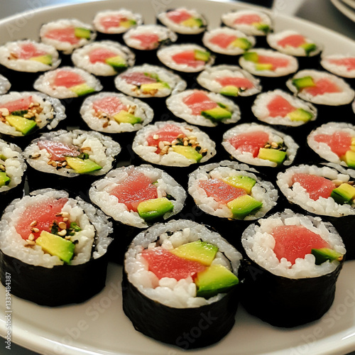 Delicious homemade tuna avocado sushi rolls close up view eat food meal rice maki lunch tasty fresh
