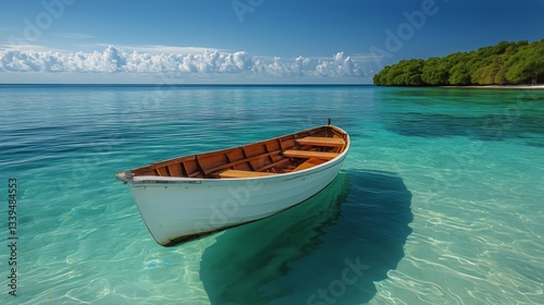 Small Boat Floating on Calm Tropical Sea Near a Sandy Beach in the Daytime