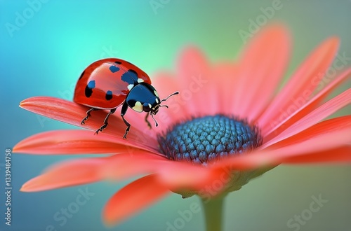 Ladybug Resting on a Pink Flower With a Blue Center in Vibrant Outdoor Light