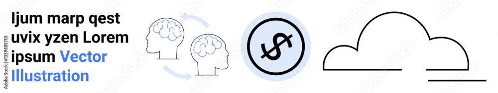 Outline human heads with arrows, dollar sign in a circle, and cloud graphic. Ideal for business, finance, education, communication, technology, cloud storage and simple landing page Outline human heads with arrows, dollar sign in a circle, and cloud graphic. Ideal for business, finance, education, communication, technology, cloud storage and simple landing page
