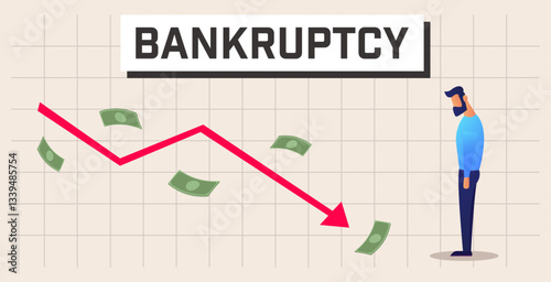 Bankruptcy. Declining graph and scattered money alongside a dejected-looking man, symbolizing financial loss.