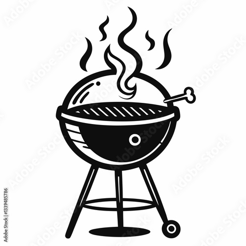 Retro Grill Illustration Hot BBQ Cooker with Smoke for Outdoor Cooking Designs