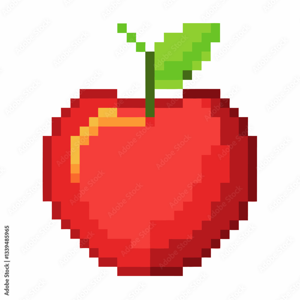Pixelated Red Apple Illustration with Green Leaf in Retro Style Pixelated Red Apple Illustration with Green Leaf in Retro Style