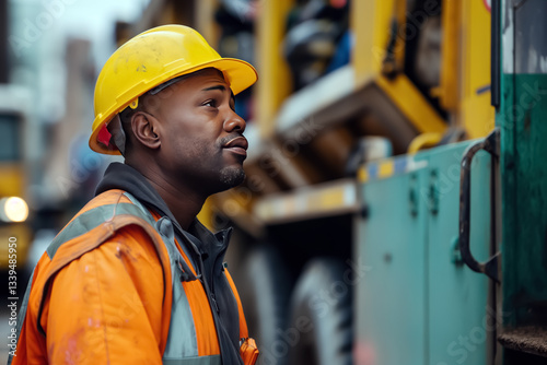 Garbage Collection Worker in Uniform, Deep in Thought While Taking a Break from Street Cleaning