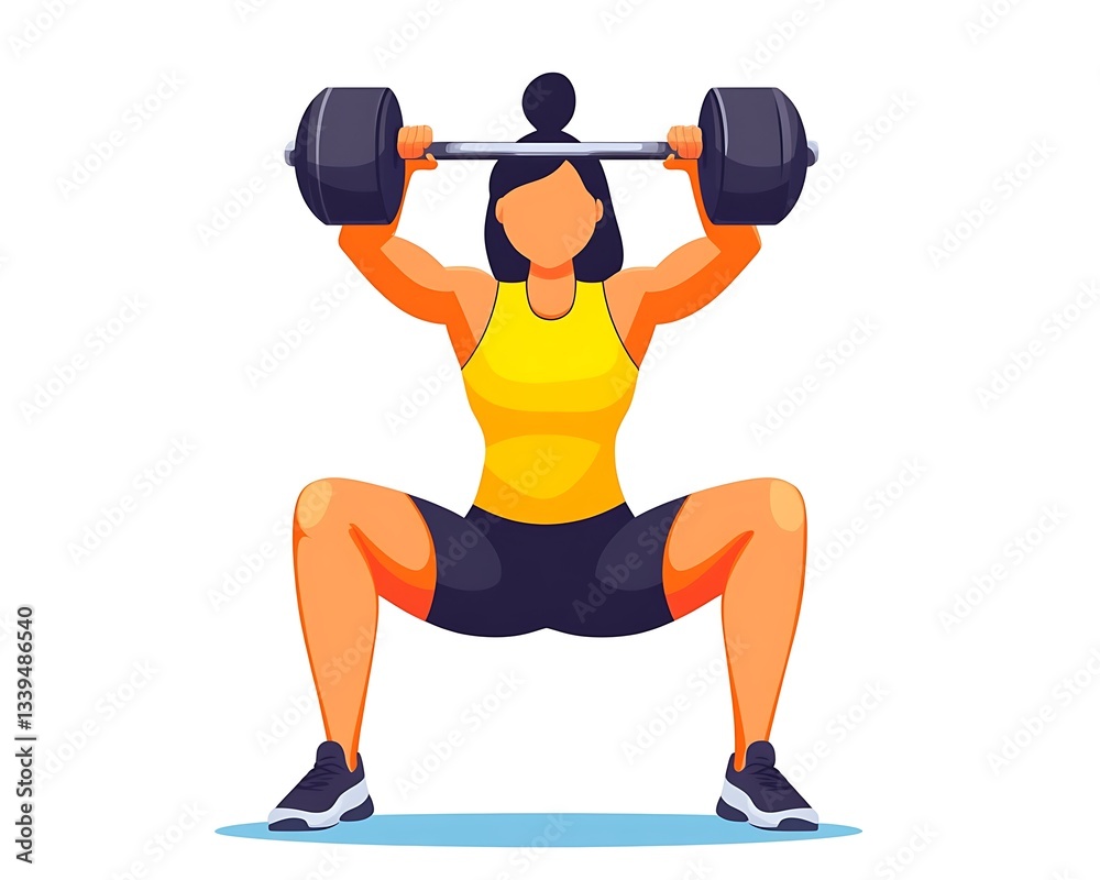 Naklejka premium Woman weightlifting barbell, gym workout, fitness, strength training, illustration