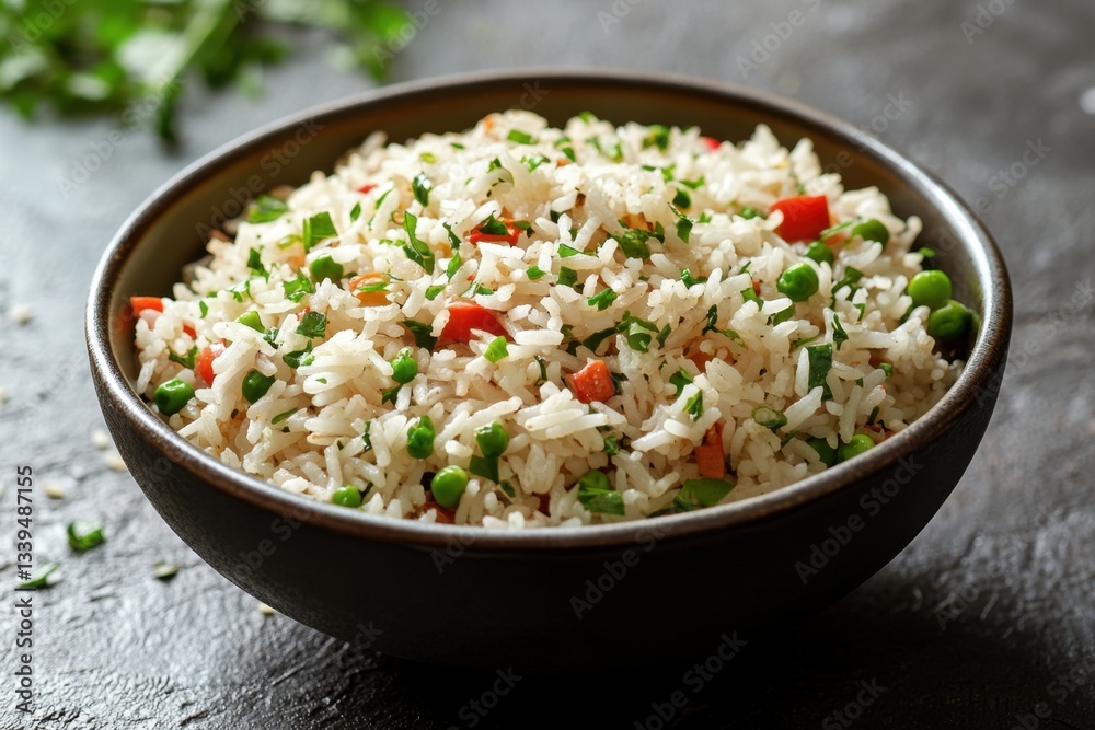 Delicious fried rice in dark bowl with peas carrots and herbs on rustic background close up studio shot healthy and tasty dish asian cuisine Delicious fried rice in dark bowl with peas carrots and herbs on rustic background close up studio shot healthy and tasty dish asian cuisine