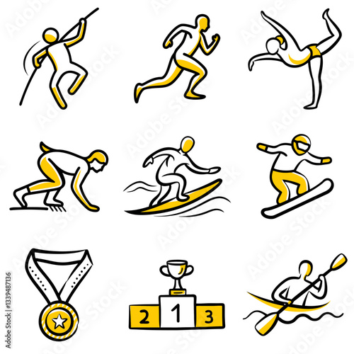 Active sports and competition icons collection in yellow, symbols for athletic performance