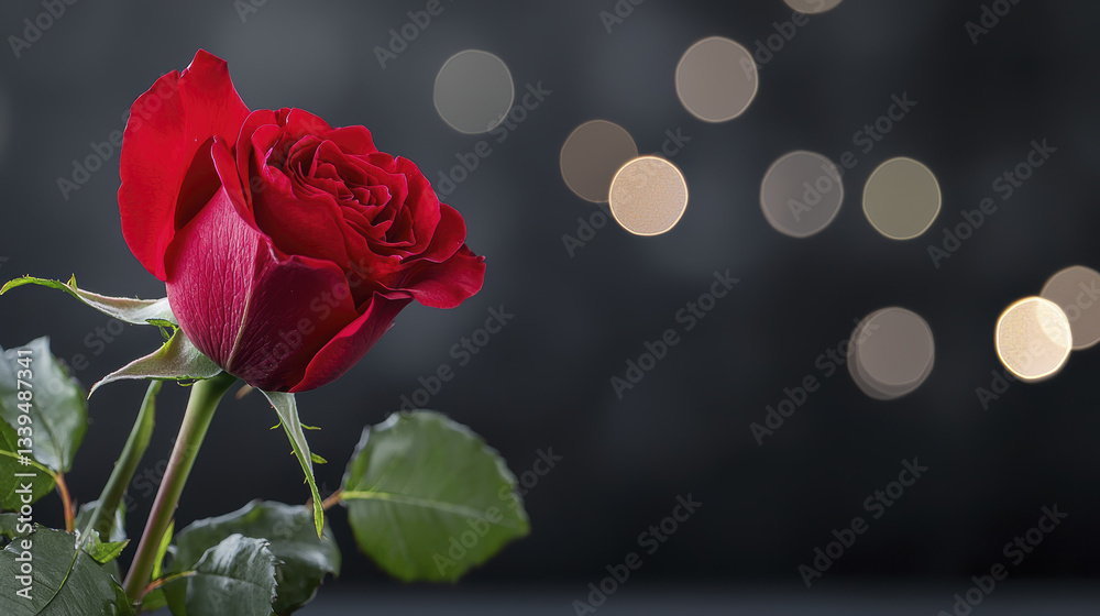 Obraz premium vibrant red rose stands elegantly against blurred background of soft lights, evoking sense of romance and beauty