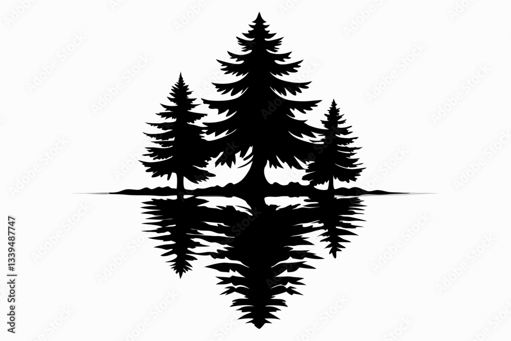 Obraz premium reflection in water pine tree line art silhouette vector illustration