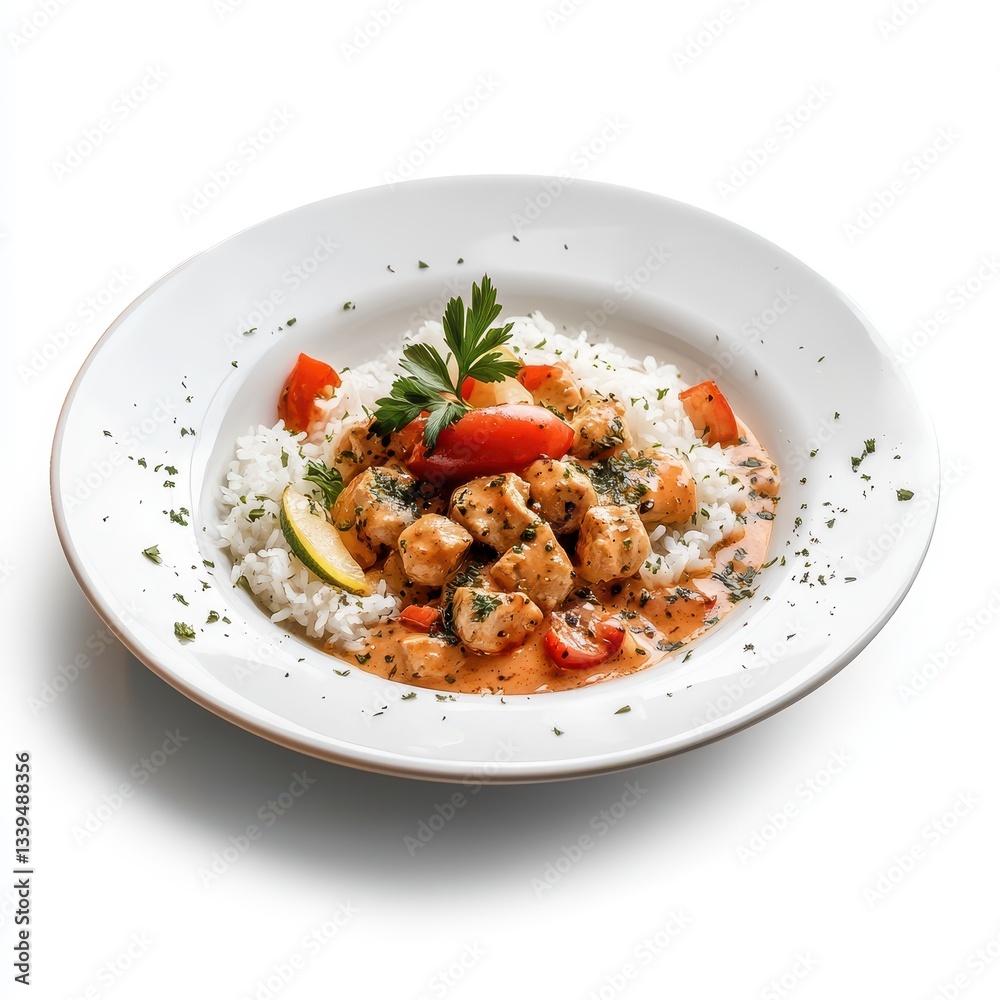 Savory chicken with rice and vegetables served on a white plate Savory chicken with rice and vegetables served on a white plate