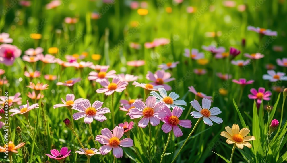Vibrant pastel flowers blooming in a lush green meadow, bathed in sunlight, season, fantasy Vibrant pastel flowers blooming in a lush green meadow, bathed in sunlight, season, fantasy