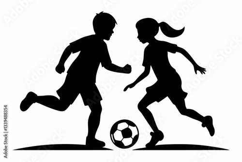 siblings are playing with a soccer ball line art silhouette vector illustration