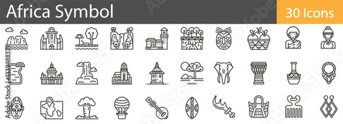 Africa Symbol Line Icons Set. Collection of 30 outline icons representing African cultural symbols, heritage, and landmarks. Editable stroke vector illustration.
