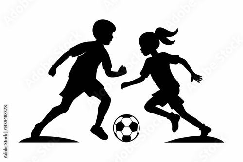 siblings are playing with a soccer ball line art silhouette vector illustration