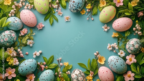 Pastel Easter Eggs and Spring Flowers Arranged on a Light Blue Background in ...
