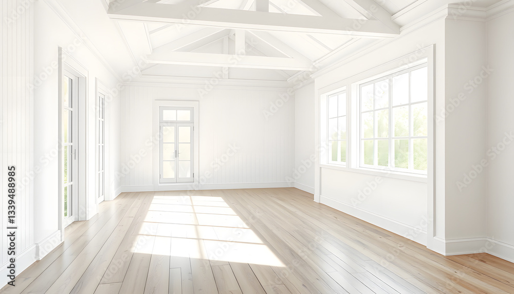 Fototapeta premium Beautiful renovated empty house interior with white walls and wooden floors , with white tonespng