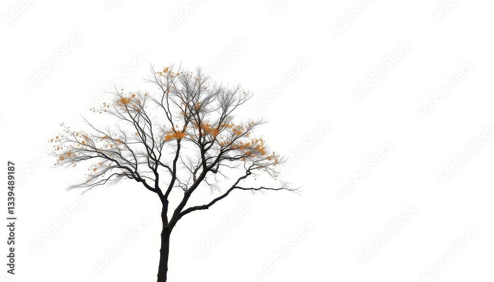Obraz premium A lone deciduous tree stands against a pure white backdrop, branches reaching skyward, tree, majestic
