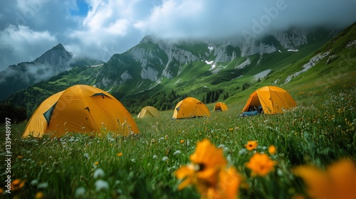 Campers Enjoy a Vibrant Meadow With Yellow Tents Nestled Among Green Grass an...