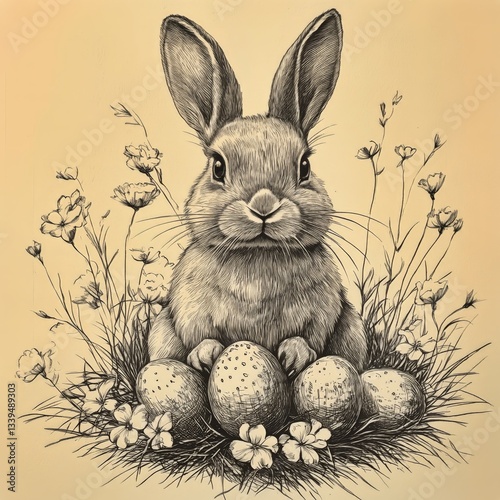 Easter Bunny With Eggs and Flowers Artistic Drawing on Beige Background