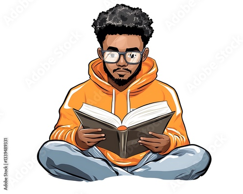 Young man reading book, cross-legged, indoor, simple background, education