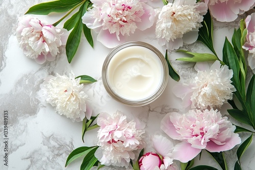 A minimalistic arrangement featuring a jar of peony root-infused cream surrounded by fresh peony flowers and green leaves on a marble surface