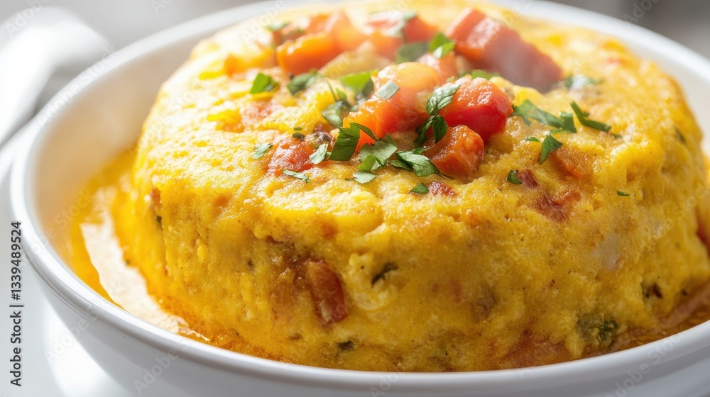 A bowl of polenta topped with diced tomatoes and herbs A bowl of polenta topped with diced tomatoes and herbs