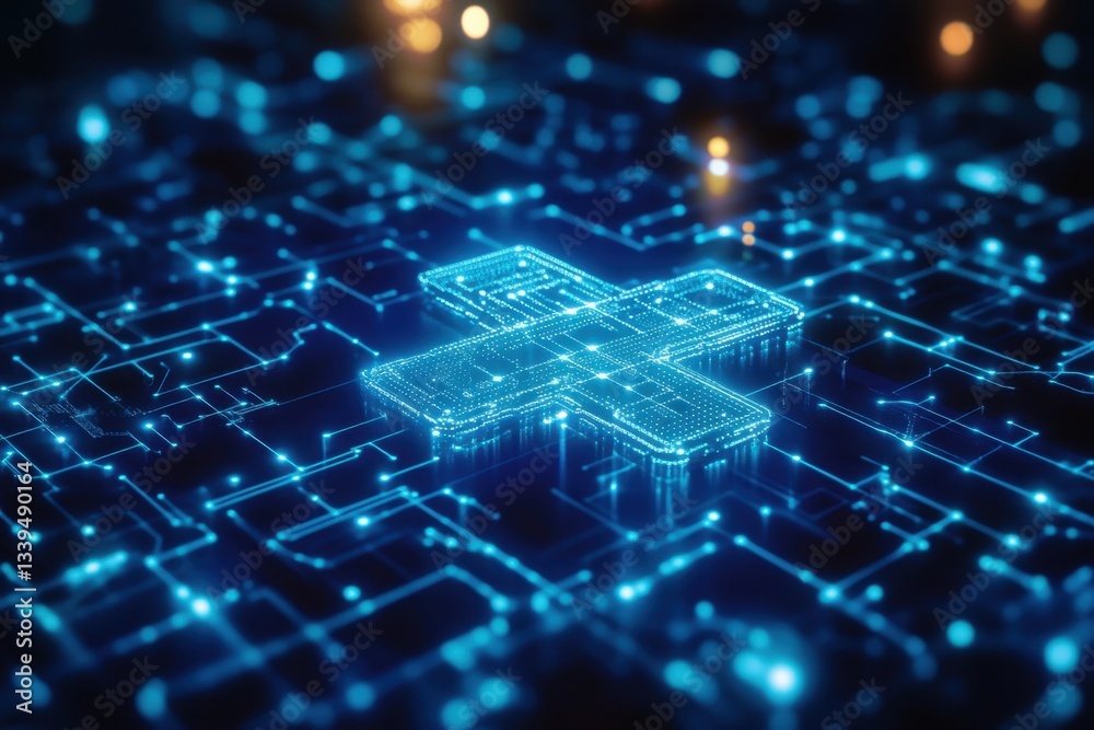 Fototapeta premium Abstract digital plus sign glowing on a dark blue circuit board background with bokeh lights and network connections