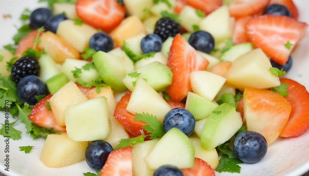 Close up of a colorful fruit salad with strawberries blueberries and melon pieces on a white plate Close up of a colorful fruit salad with strawberries blueberries and melon pieces on a white plate