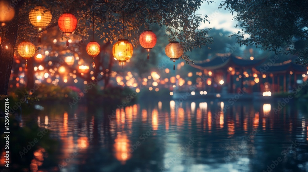 Illuminated Lanterns Hanging From Trees Reflecting In Water Illuminated Lanterns Hanging From Trees Reflecting In Water
