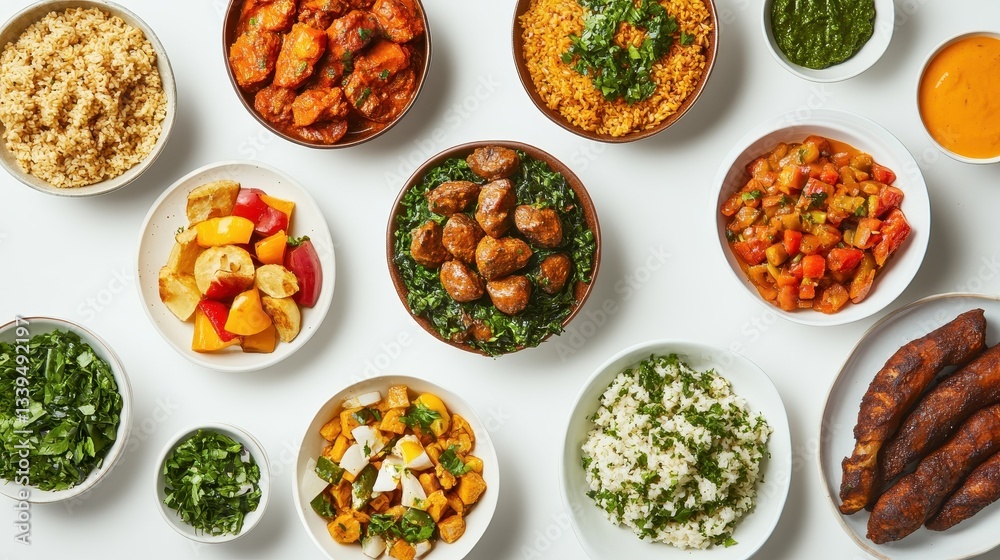 Various Colorful Dishes Are Arranged On A White Surface Various Colorful Dishes Are Arranged On A White Surface