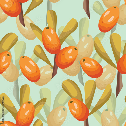 Seamless pattern with sea buckthorn. Natural fresh ripe tasty berries. Vector illustration for background, packaging, textile, fabric and various other designs.