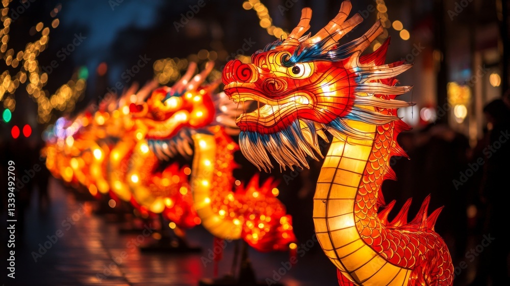 Fototapeta premium Illuminated Dragon Lanterns Line Festive Street
