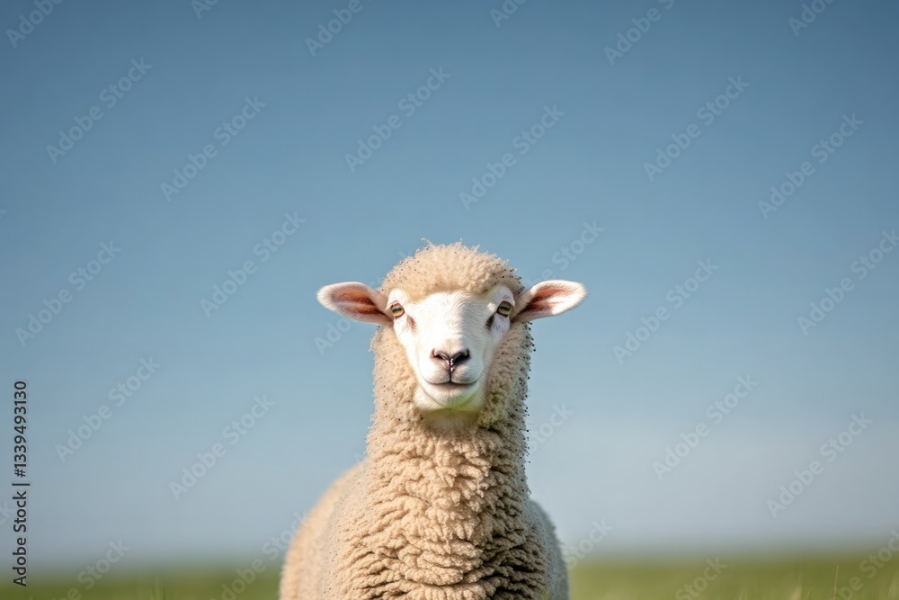 Obraz premium solitary sheep stands on green meadow under clear blue sky gazing at camera with serene curiosity while soft sunlight