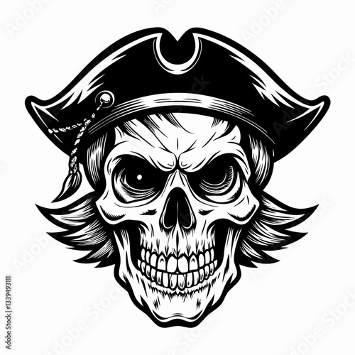 Pirate Skull Illustration Black and White  Art with Hat and Bandana