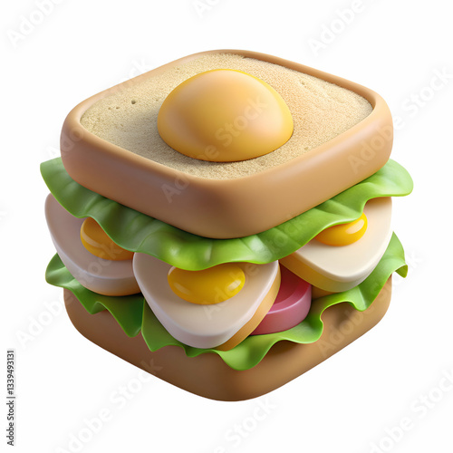 3D Rendered Sandwich with Egg and Ham. Delicious Breakfast Illustration