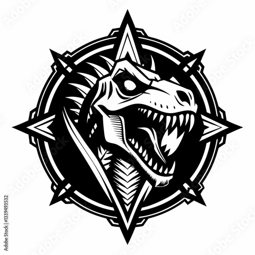 Fierce Dinosaur Skull Emblem with Compass Design  Art