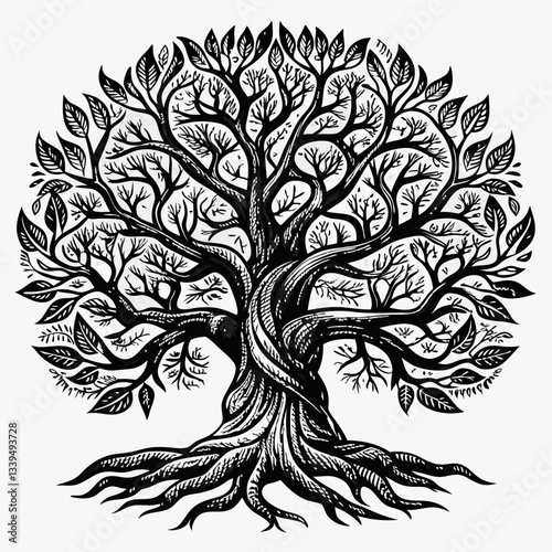Intricate Black and White Tree Illustration with Twisted Roots and Branches