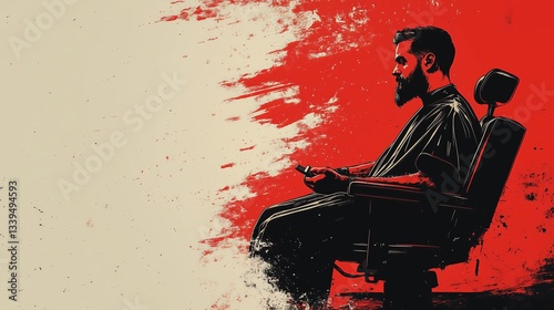Stylized portrait of a man with a beard sitting in a barber chair.