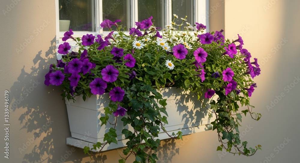 Fototapeta premium Purple Petunias and Daisies in a Window Box with Ivy