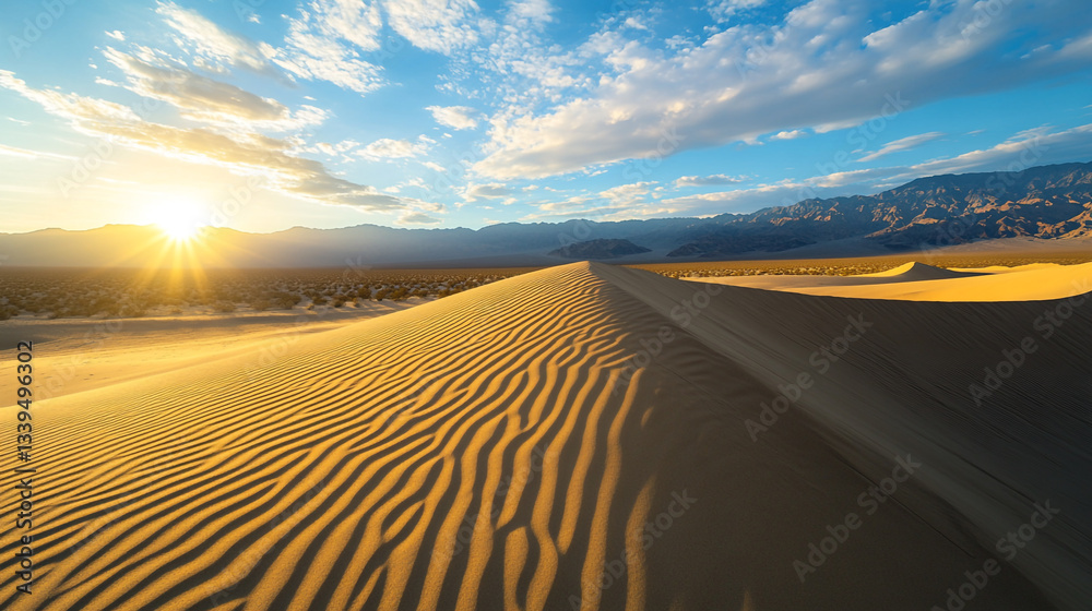 Naklejka premium Stunning desert landscape golden sand dunes sunset view mountains sky arid heat warm wind wild image