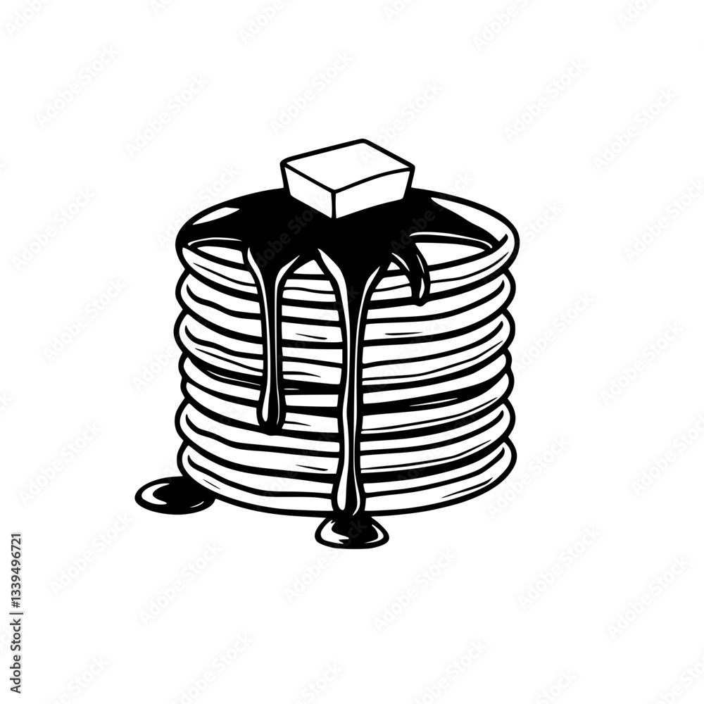 Black Outline Vector Illustration of a Stack of Pancakes with Syrup Dripping and Butter on TopError Black Outline Vector Illustration of a Stack of Pancakes with Syrup Dripping and Butter on TopError