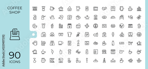 Coffee Shop modern icon. Containing breakfast, bean, tea, shop, cup, mug and more. Thin icons set. Cafe icon collection. Editable vector art and illustration.
