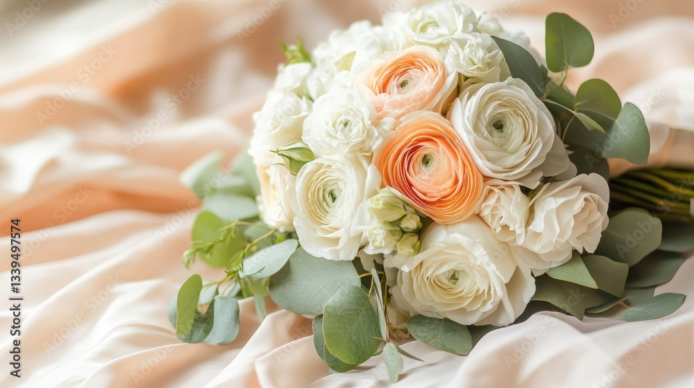 Fototapeta premium Elegant wedding flowers in soft pastel tones, gracefully resting on a light peach-colored background.