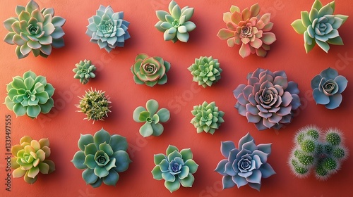 Top View of Succulents Arranged to Form Geometric Shapes on a Terracotta Surface